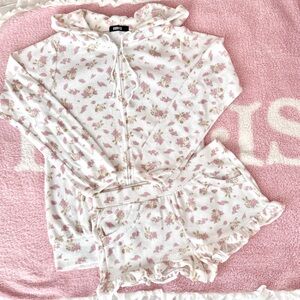 Floral Bunny 2pc Lounge Set - Zip Jacket Ruffle Shorts